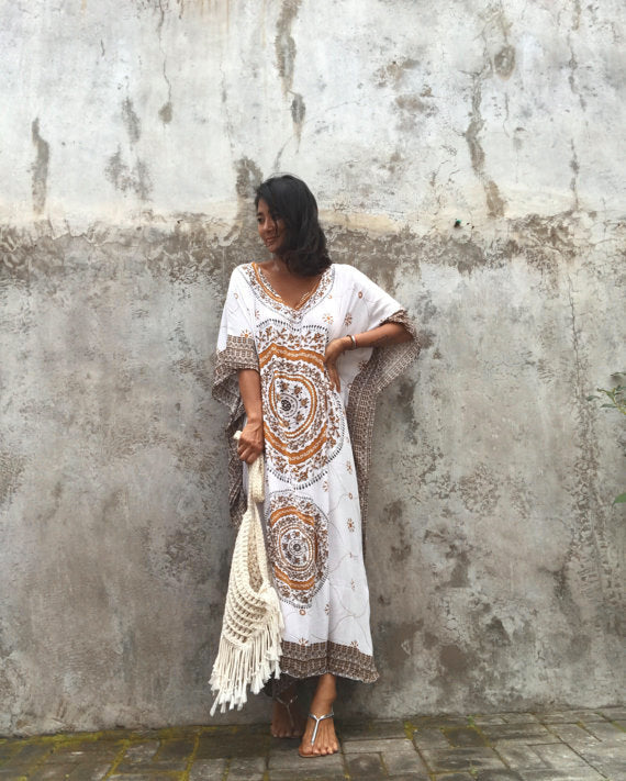 Rayon Positioning Floral Loose Long Beach Cover-up Robe Dress Vacation Clothes Bella Mia